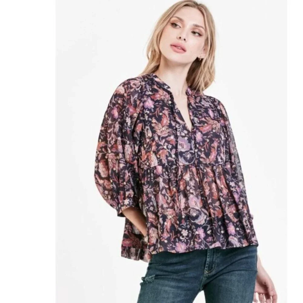 Dear John Malia Top Golden Iris Floral Multi Flowy Boho Semi Sheer Size S